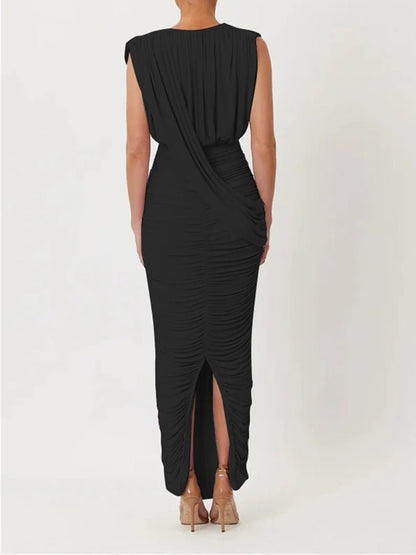Black Jersey Sleeveless Deep Plunge V-Neck Draped Wrap Bodice Ruched Bodycon Column Maxi Dress