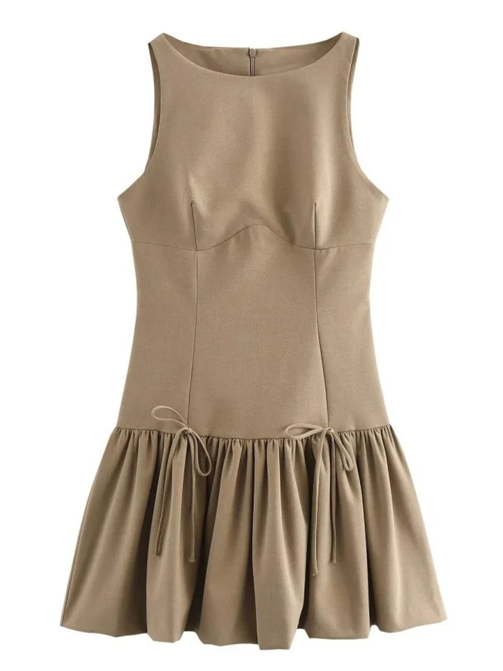 Sleeveless Bustier Seam Drop Waist Ribbon Bow Ruffle Hem Mini Dress