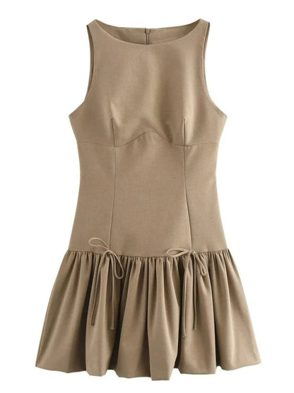 Sleeveless Bustier Seam Drop Waist Ribbon Bow Ruffle Hem Mini Dress