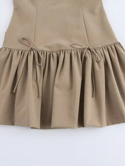 Sleeveless Bustier Seam Drop Waist Ribbon Bow Ruffle Hem Mini Dress