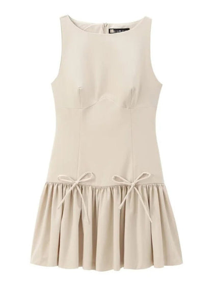 Sleeveless Bustier Seam Drop Waist Ribbon Bow Ruffle Hem Mini Dress