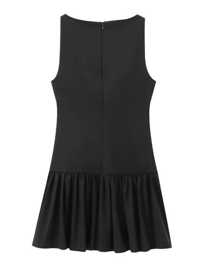 Sleeveless Bustier Seam Drop Waist Ribbon Bow Ruffle Hem Mini Dress