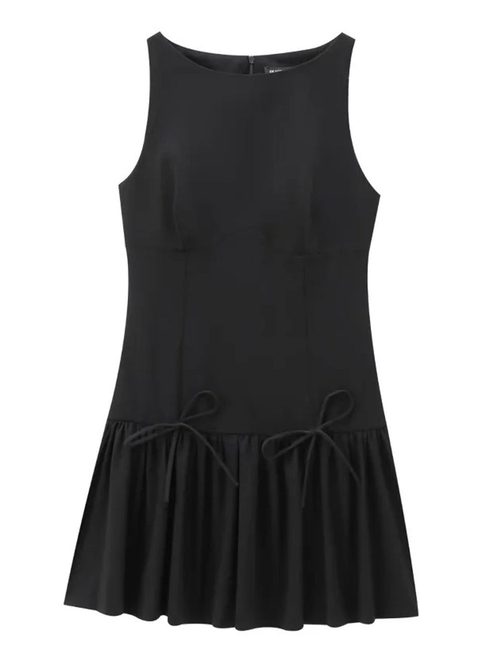 Sleeveless Bustier Seam Drop Waist Ribbon Bow Ruffle Hem Mini Dress