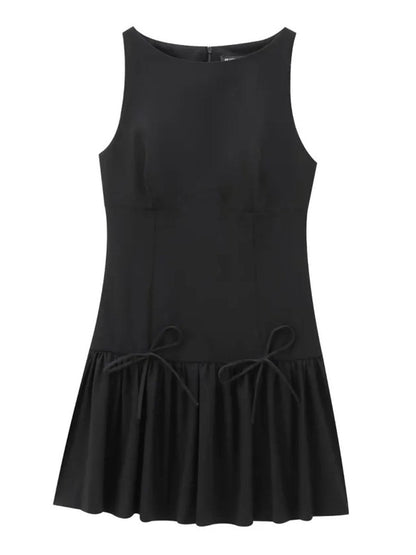 Sleeveless Bustier Seam Drop Waist Ribbon Bow Ruffle Hem Mini Dress