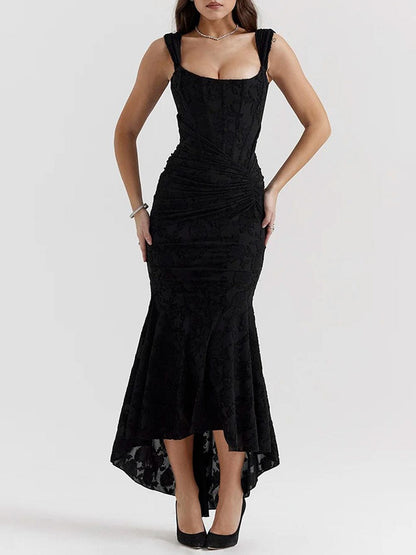 Jacquard Corset Bodice Ruched Mermaid High Low Maxi Gown