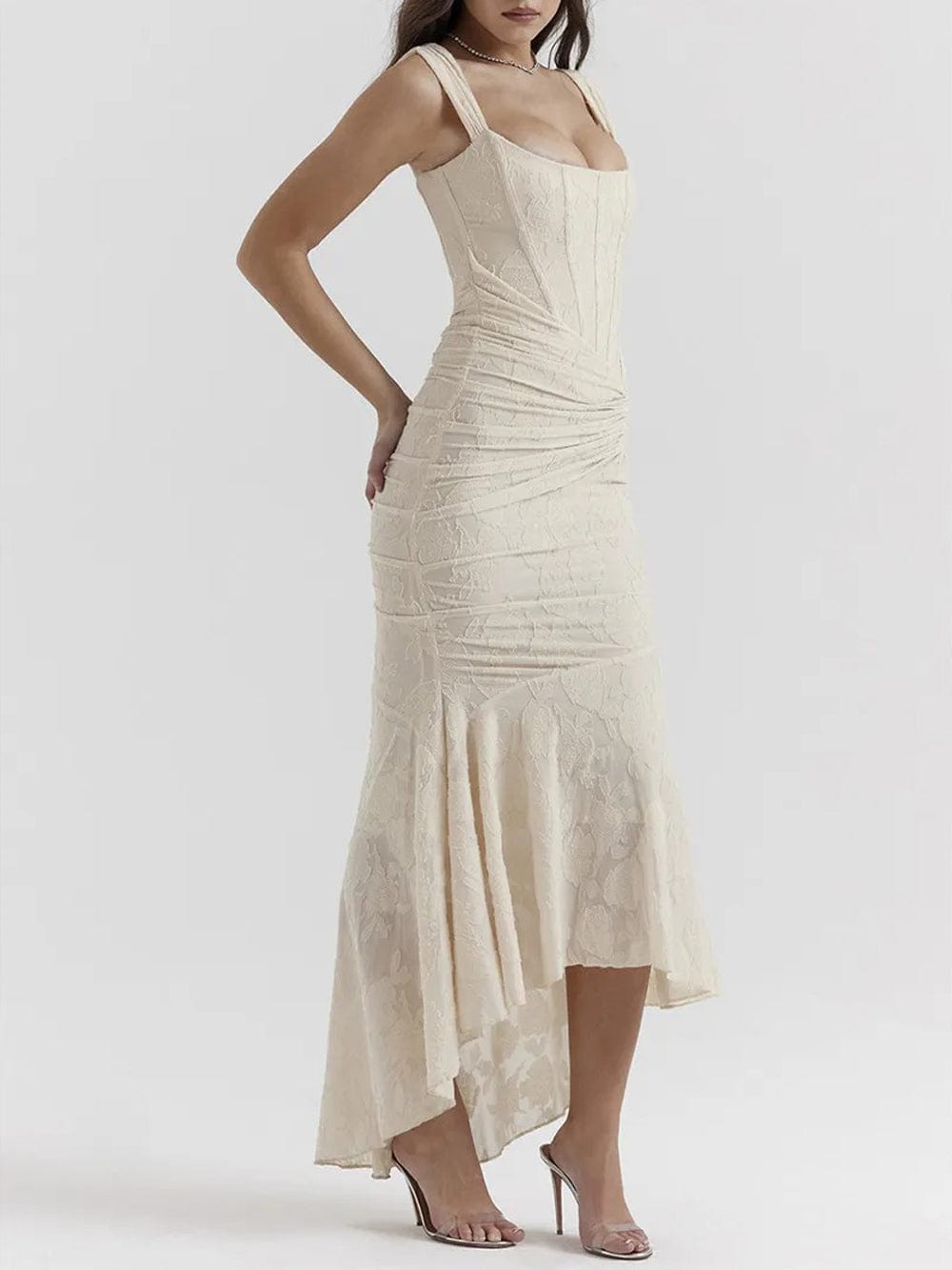 Jacquard Corset Bodice Ruched Mermaid High Low Maxi Gown