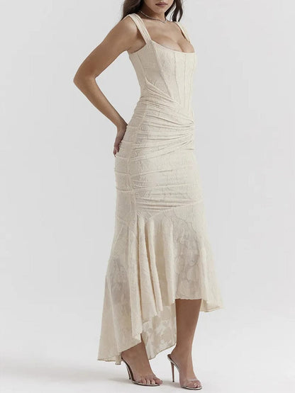Jacquard Corset Bodice Ruched Mermaid High Low Maxi Gown