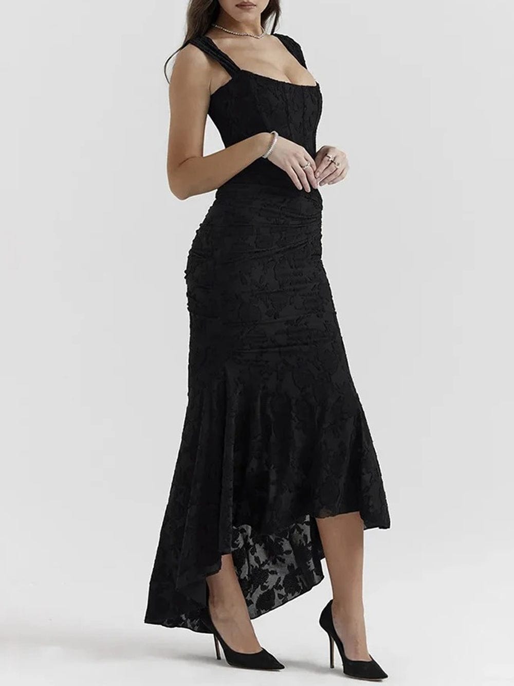 Jacquard Corset Bodice Ruched Mermaid High Low Maxi Gown