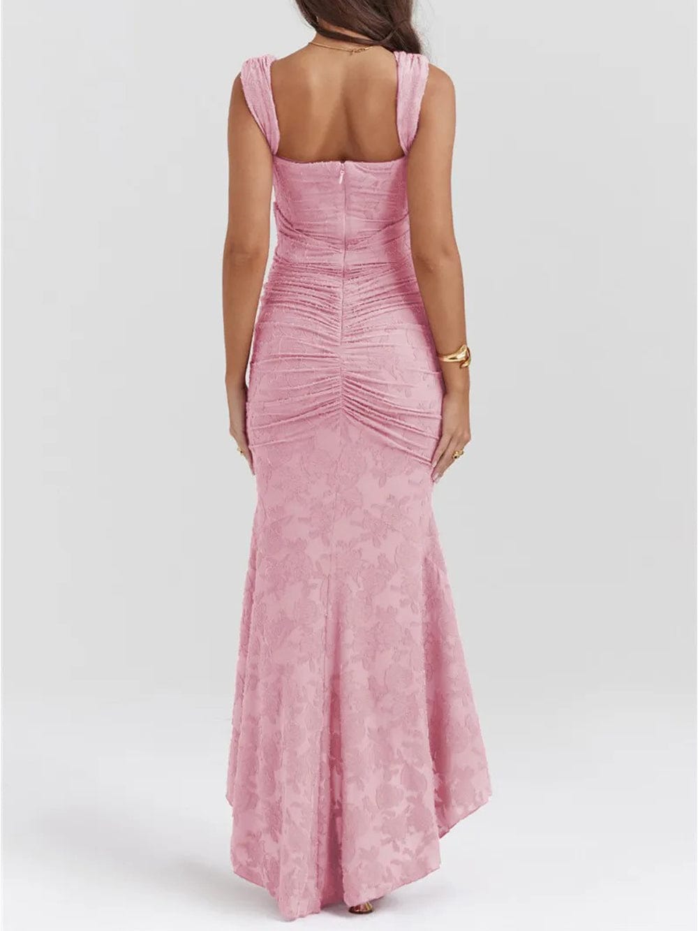 Jacquard Corset Bodice Ruched Mermaid High Low Maxi Gown