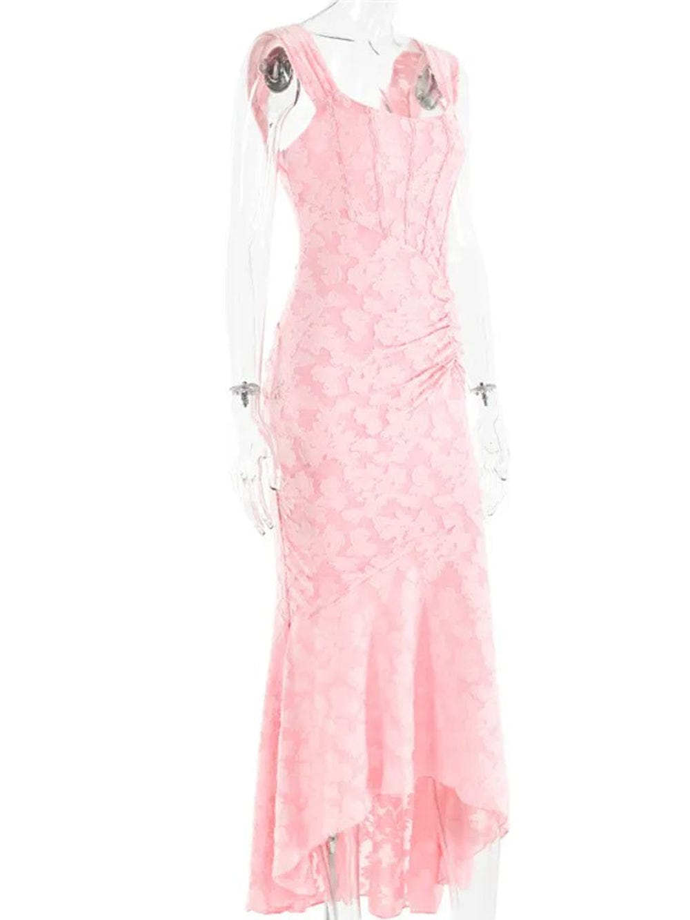 Jacquard Corset Bodice Ruched Mermaid High Low Maxi Gown