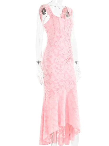Jacquard Corset Bodice Ruched Mermaid High Low Maxi Gown