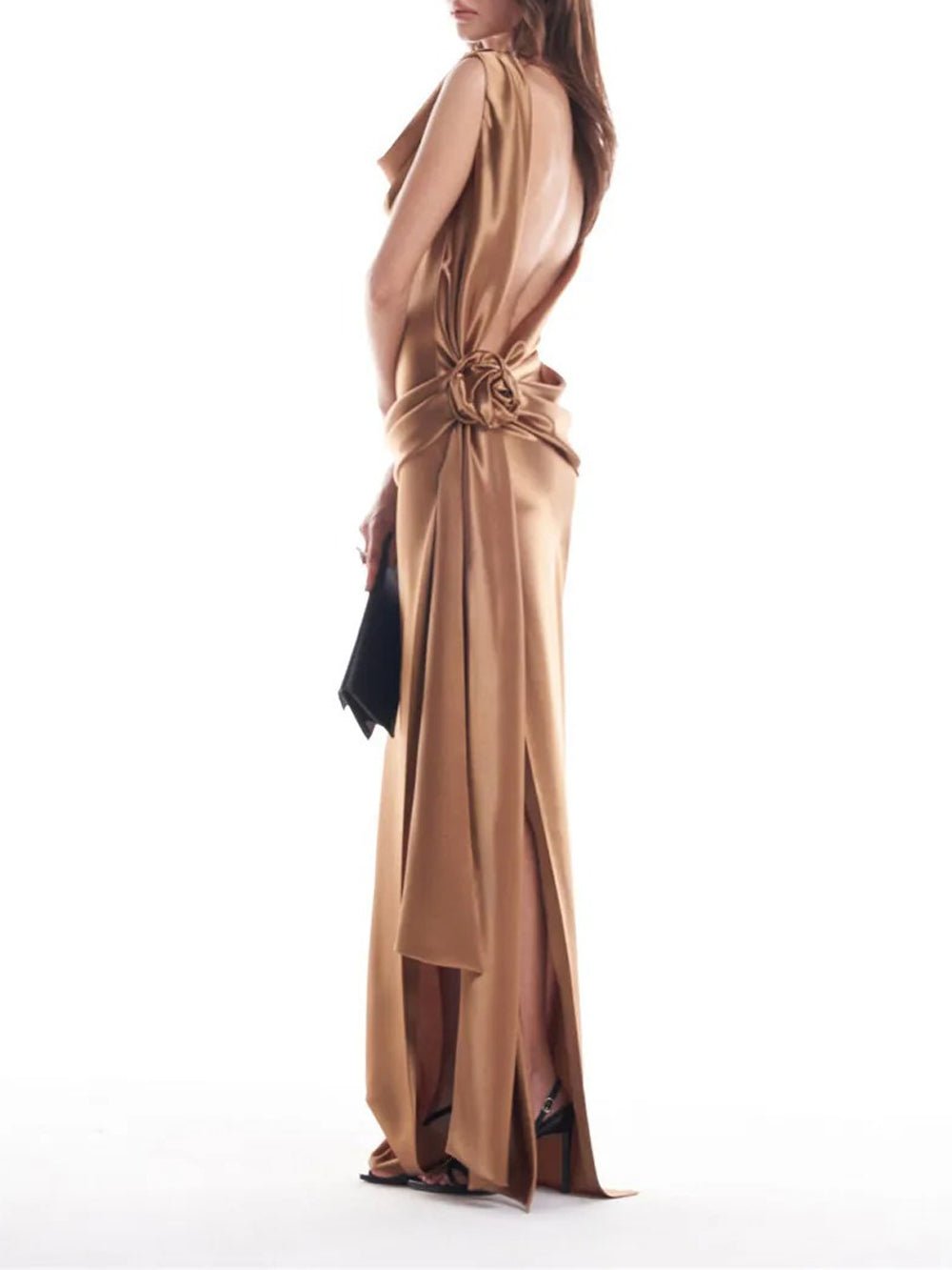 Satin Asymmetric One Shoulder Rosette Backless High Split Maxi Gown