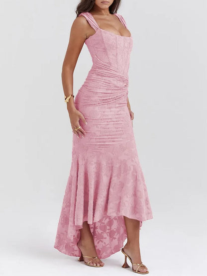 Jacquard Corset Bodice Ruched Mermaid High Low Maxi Gown