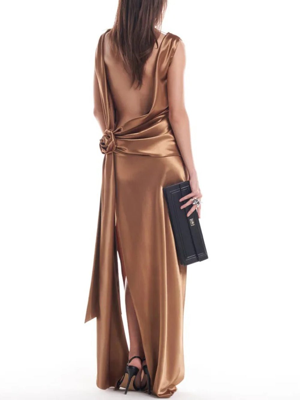 Satin Asymmetric One Shoulder Rosette Backless High Split Maxi Gown
