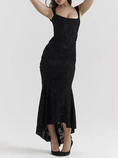 Jacquard Corset Bodice Ruched Mermaid High Low Maxi Gown
