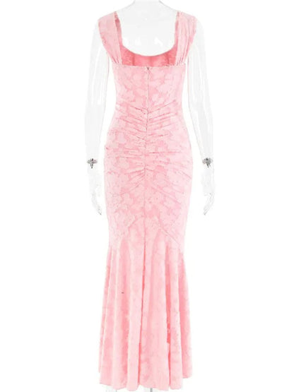 Jacquard Corset Bodice Ruched Mermaid High Low Maxi Gown