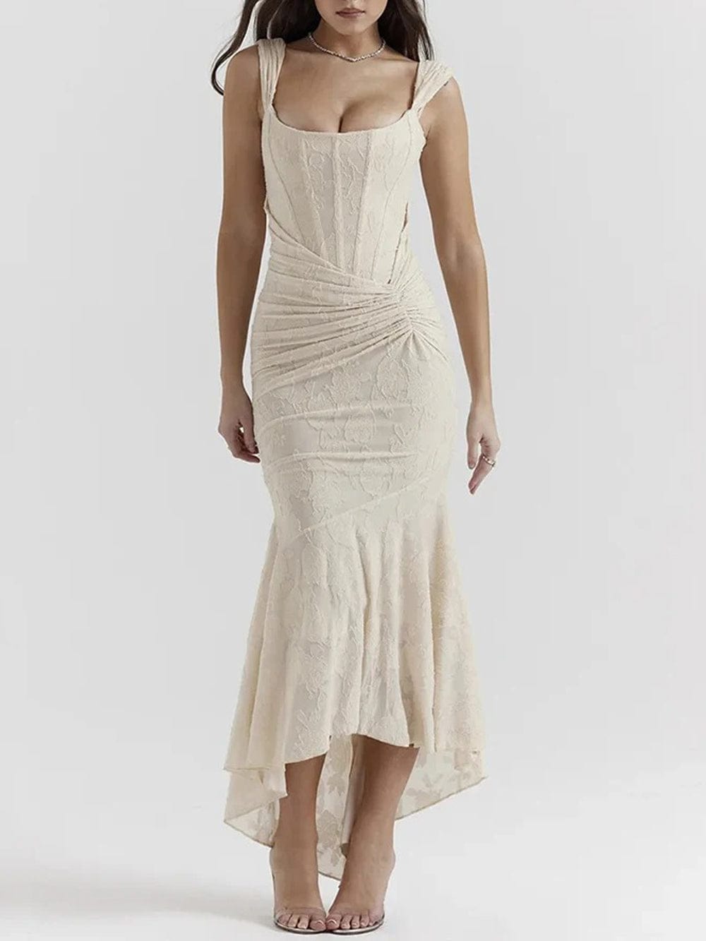 Jacquard Corset Bodice Ruched Mermaid High Low Maxi Gown