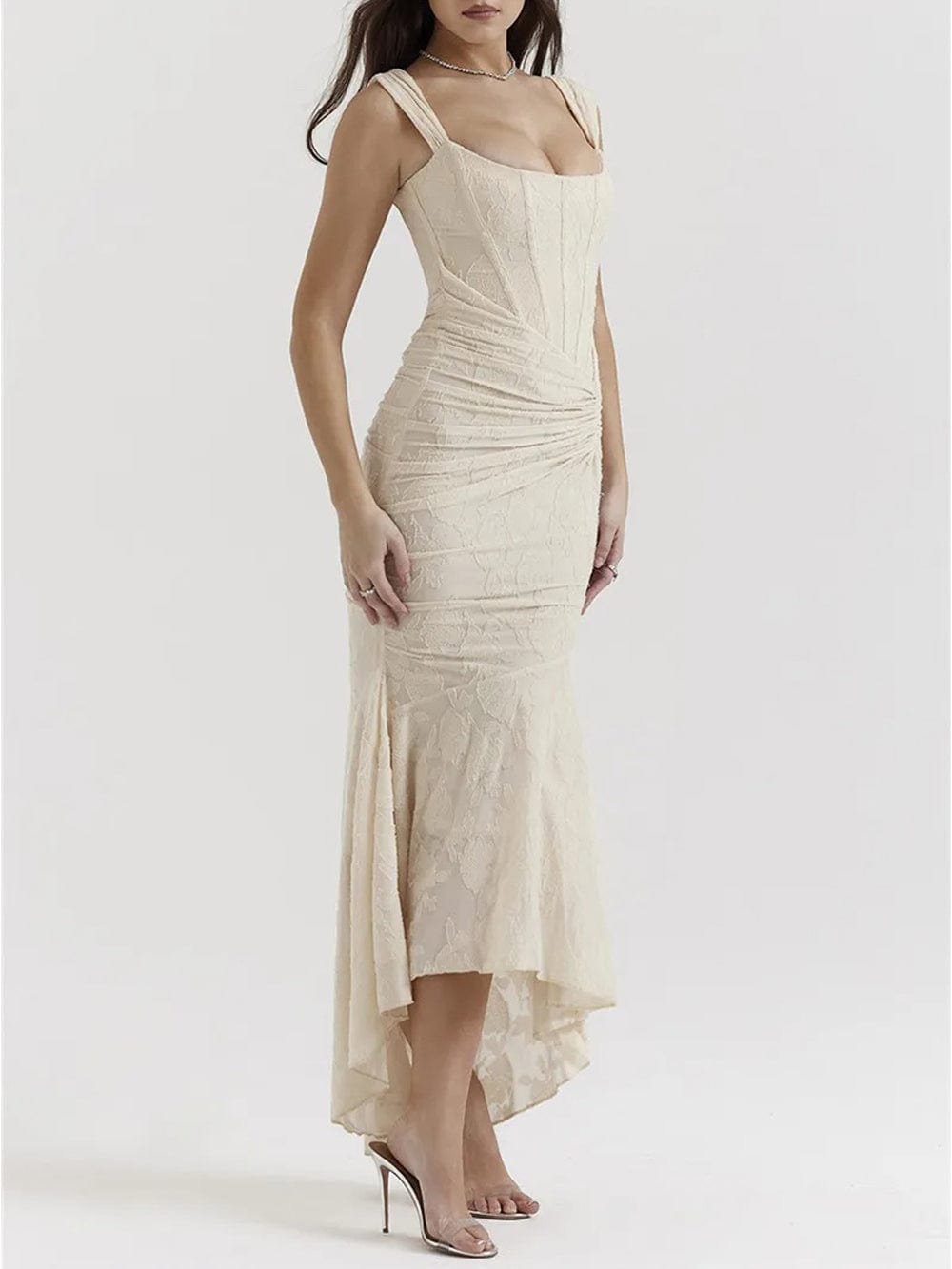 Jacquard Corset Bodice Ruched Mermaid High Low Maxi Gown
