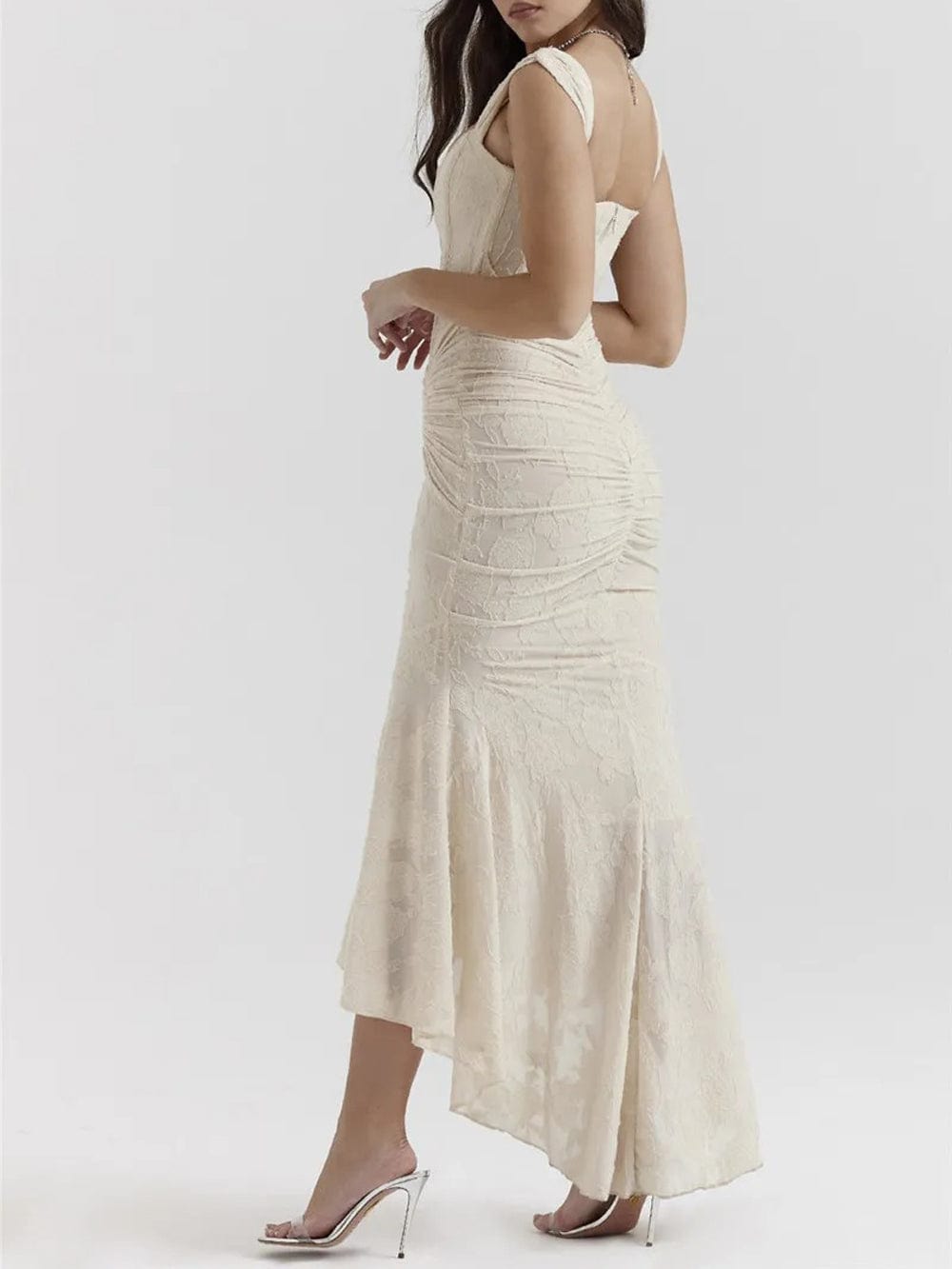 Jacquard Corset Bodice Ruched Mermaid High Low Maxi Gown
