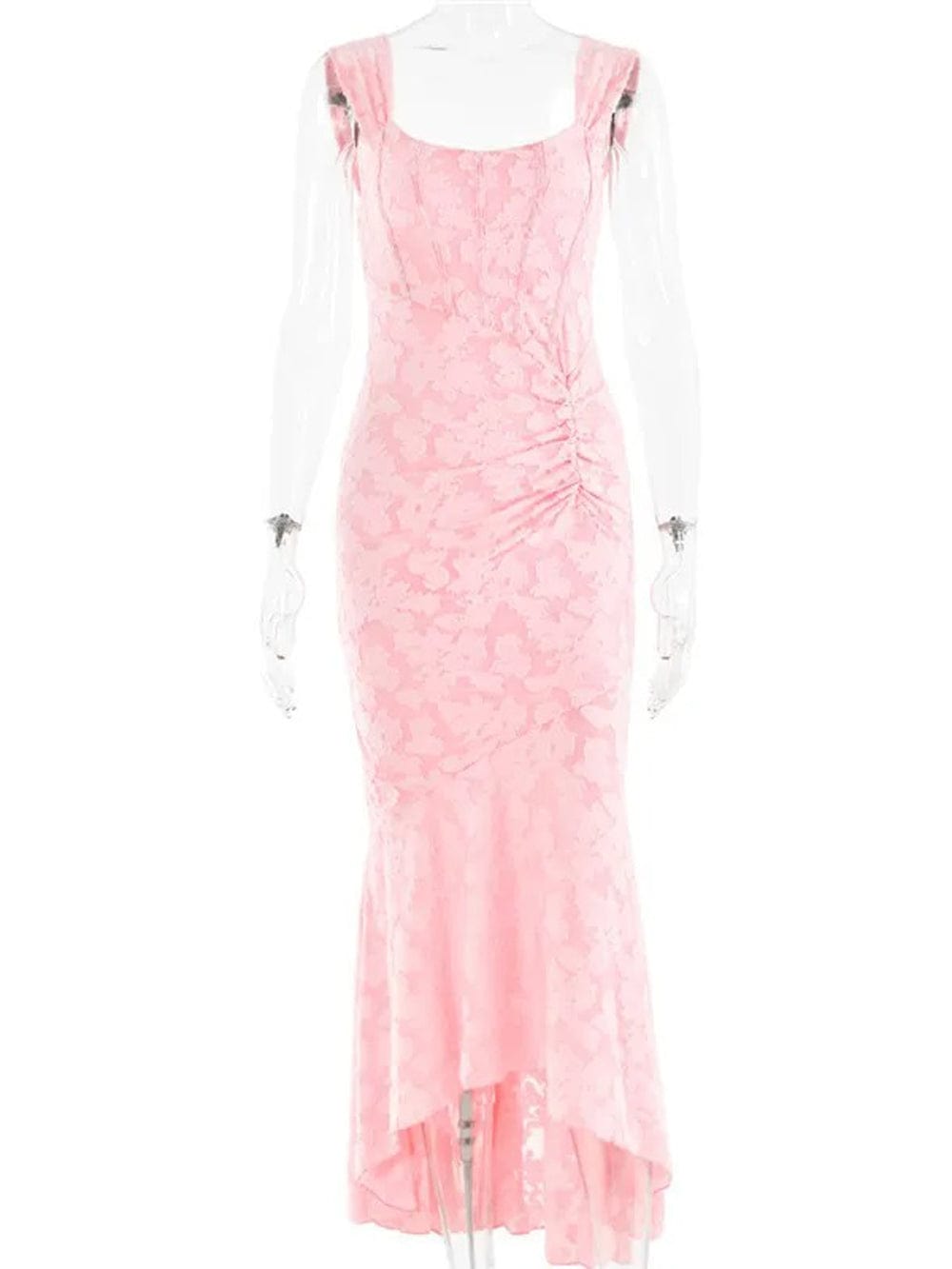 Jacquard Corset Bodice Ruched Mermaid High Low Maxi Gown