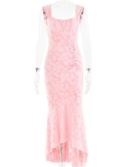 Jacquard Corset Bodice Ruched Mermaid High Low Maxi Gown