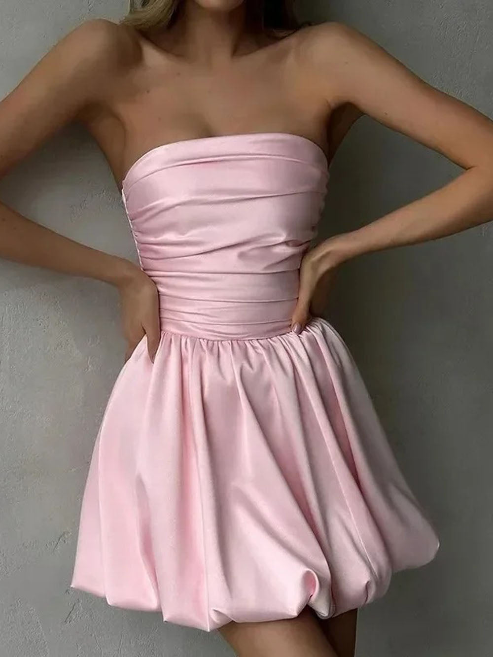 Satin Strapless Ruched Bodice Bubble Hem Pleated Mini Party Dress