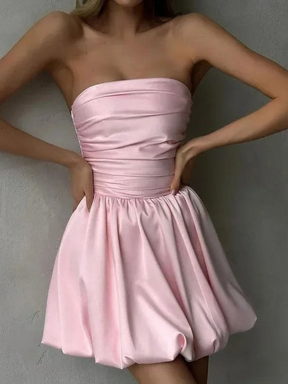Satin Strapless Ruched Bodice Bubble Hem Pleated Mini Party Dress