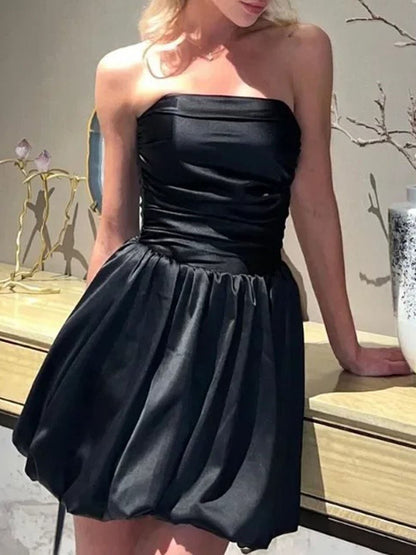 Satin Strapless Ruched Bodice Bubble Hem Pleated Mini Party Dress