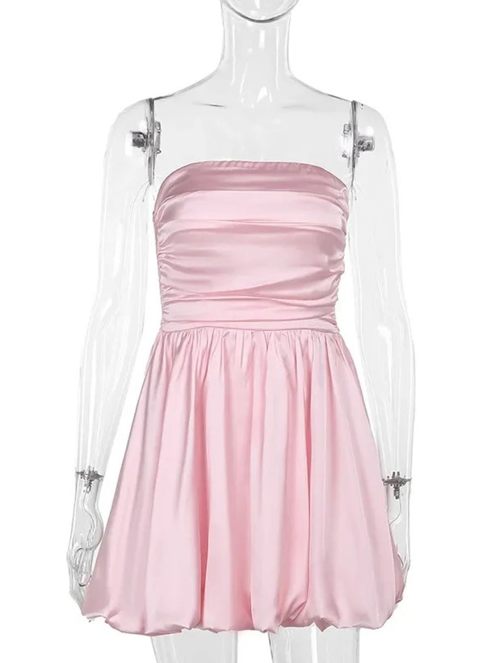 Satin Strapless Ruched Bodice Bubble Hem Pleated Mini Party Dress