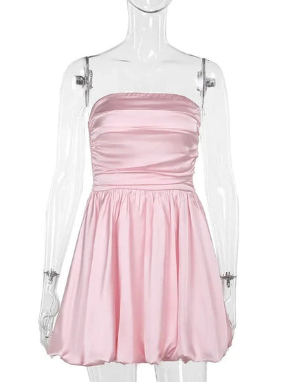 Satin Strapless Ruched Bodice Bubble Hem Pleated Mini Party Dress
