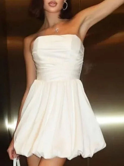 Satin Strapless Ruched Bodice Bubble Hem Pleated Mini Party Dress