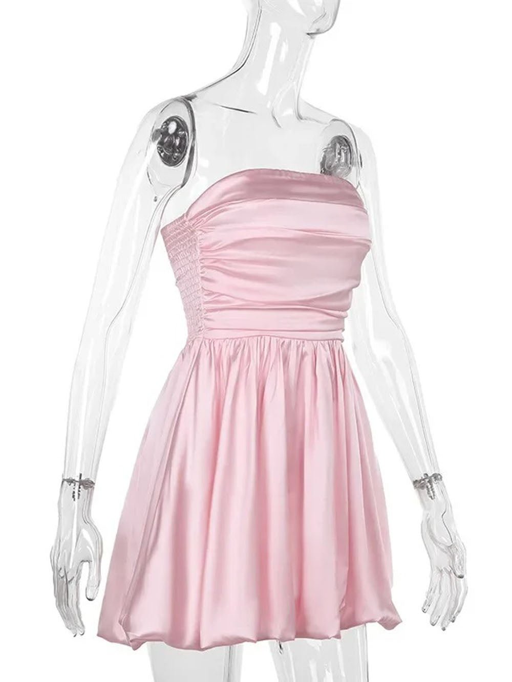 Satin Strapless Ruched Bodice Bubble Hem Pleated Mini Party Dress