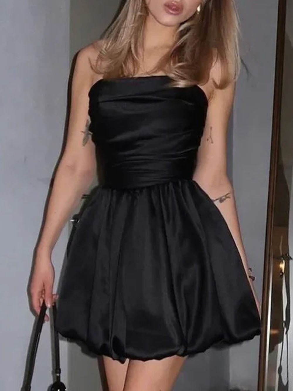 Satin Strapless Ruched Bodice Bubble Hem Pleated Mini Party Dress
