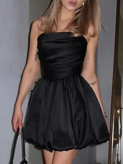 Satin Strapless Ruched Bodice Bubble Hem Pleated Mini Party Dress