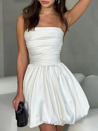 Satin Strapless Ruched Bodice Bubble Hem Pleated Mini Party Dress