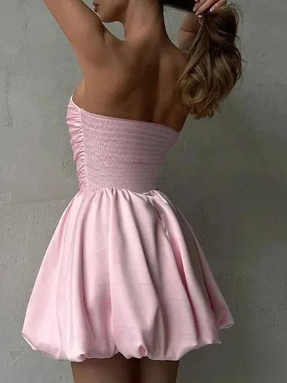 Satin Strapless Ruched Bodice Bubble Hem Pleated Mini Party Dress