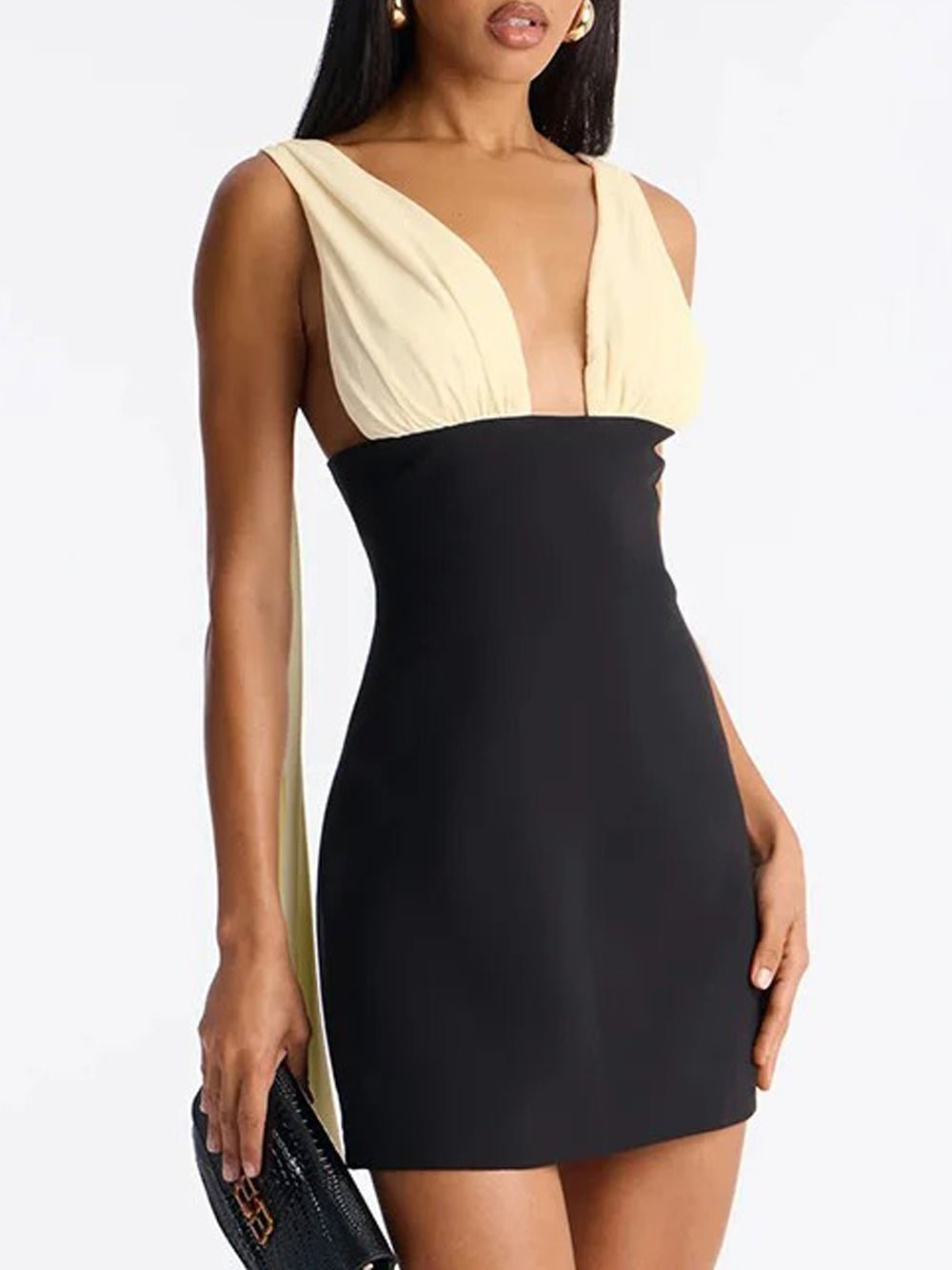 Black Colorblock Deep V-Neck Wide Strap Sleeveless Gathered Ruched High Waist Backless Sash Tie Bodycon Mini Dress
