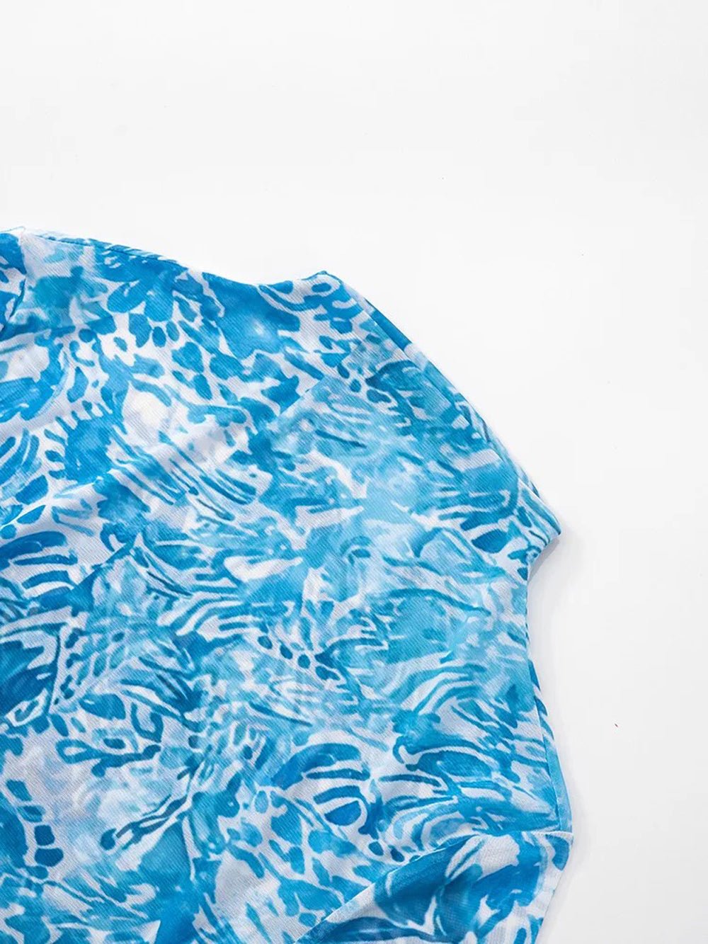 Blue Printed Mock Neck Long Sleeve Knot Hem Draped Sash Bodycon Mini Dress