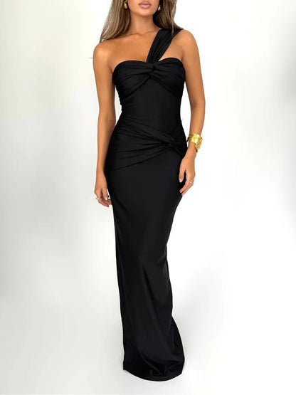 Asymmetric One Shoulder Twist Knot Ruched Drape Bodycon Maxi Dress