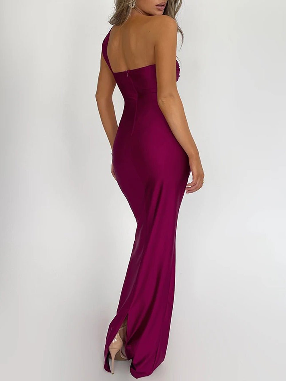 Asymmetric One Shoulder Twist Knot Ruched Drape Bodycon Maxi Dress