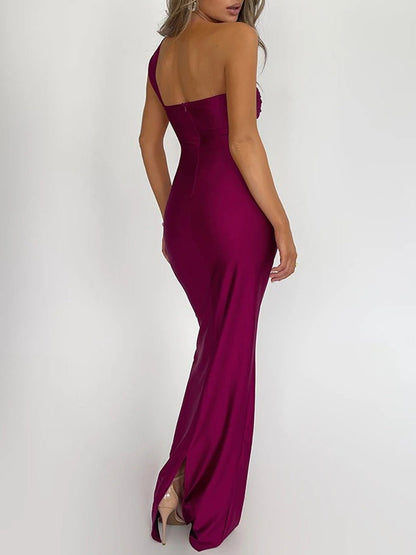 Asymmetric One Shoulder Twist Knot Ruched Drape Bodycon Maxi Dress
