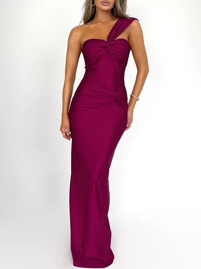 Asymmetric One Shoulder Twist Knot Ruched Drape Bodycon Maxi Dress