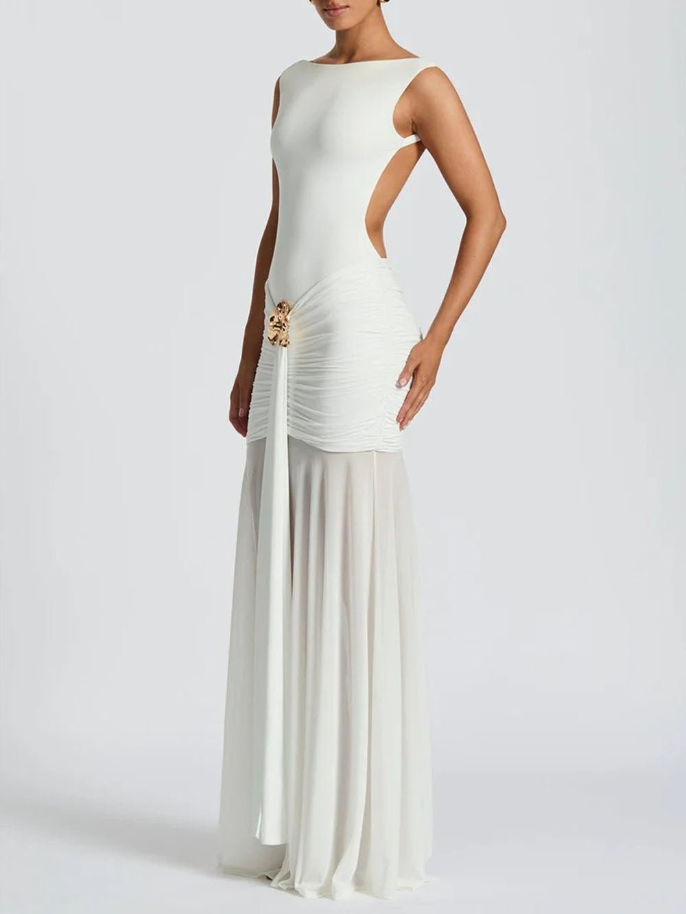 Boat Neck Ruched Metal Brooch Mesh Panel Mermaid Maxi Dress