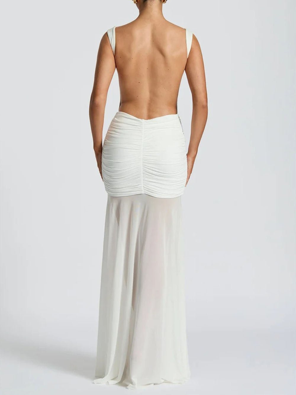 Boat Neck Ruched Metal Brooch Mesh Panel Mermaid Maxi Dress