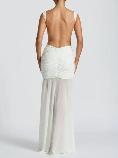 Boat Neck Ruched Metal Brooch Mesh Panel Mermaid Maxi Dress