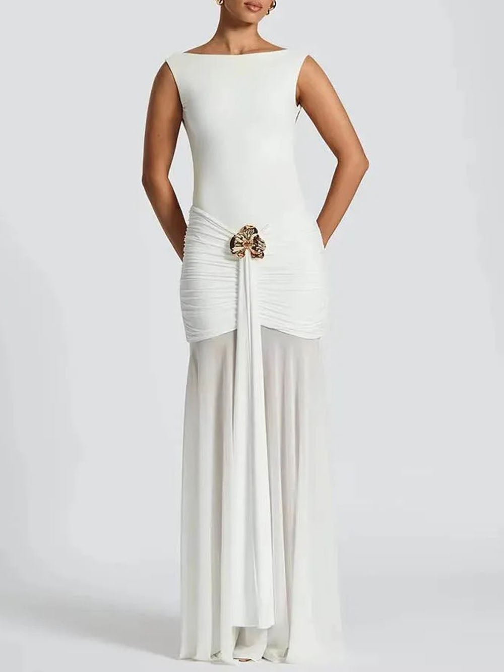 Boat Neck Ruched Metal Brooch Mesh Panel Mermaid Maxi Dress