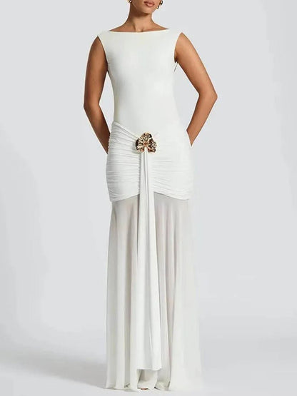 Boat Neck Ruched Metal Brooch Mesh Panel Mermaid Maxi Dress