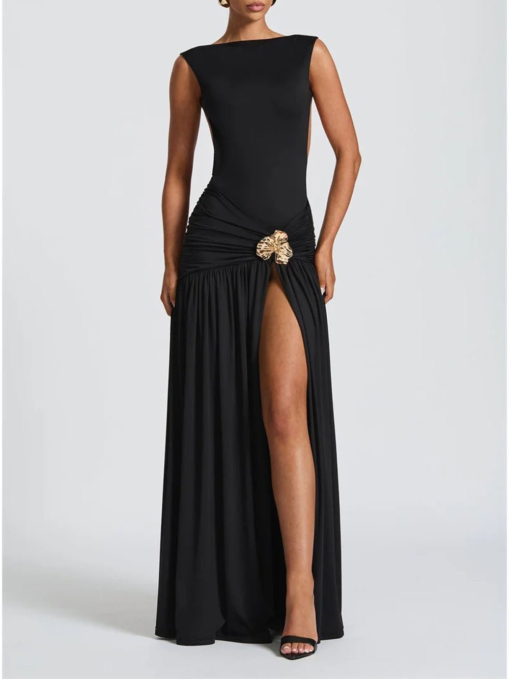 Boat Neck Ruched Metal Brooch Mesh Panel Mermaid Maxi Dress