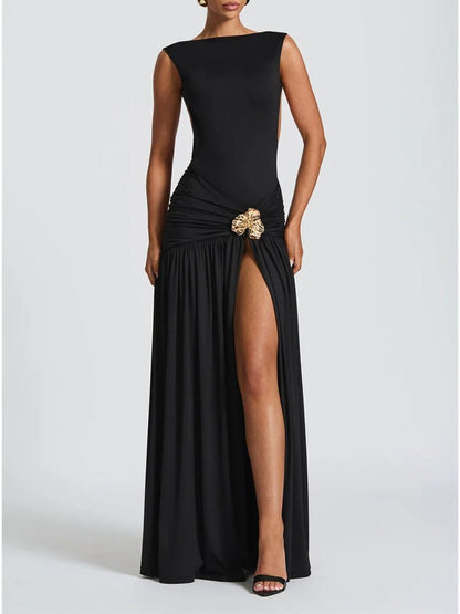 Boat Neck Ruched Metal Brooch Mesh Panel Mermaid Maxi Dress