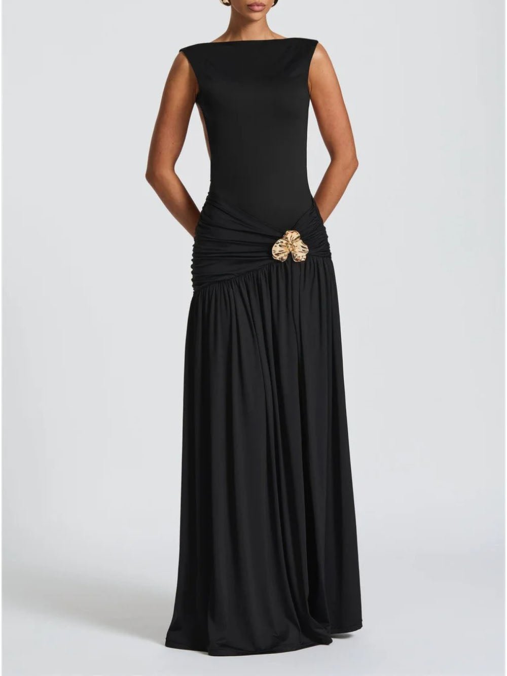 Boat Neck Ruched Metal Brooch Mesh Panel Mermaid Maxi Dress